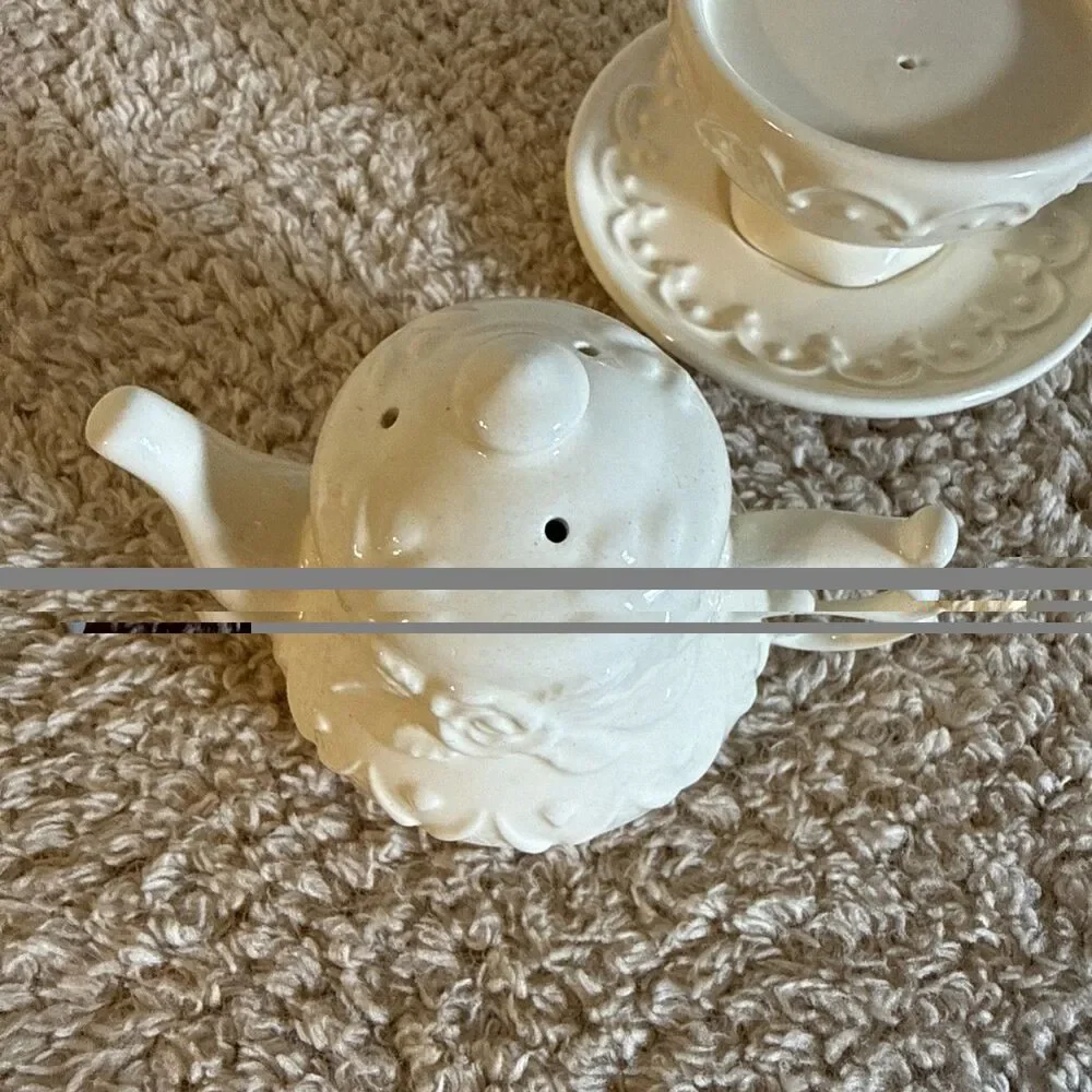 Fine Porcelain Teapot Salt & Pepper Shaker w Saucer Embossed Fleur-de-lis 4”